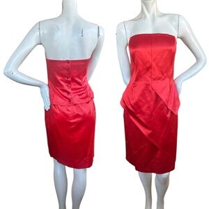 Vintage 80s Escada Red Wool Silk Tulip Style Button Back Strapless Dress 38 US M